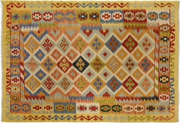 Flat Weave Kilim, Antique, Navaho, Vintage, Handmade, Geometric Kilim Ivory Gold Hand-Woven Rectangle 100% Wool Area Rug 5 x 6